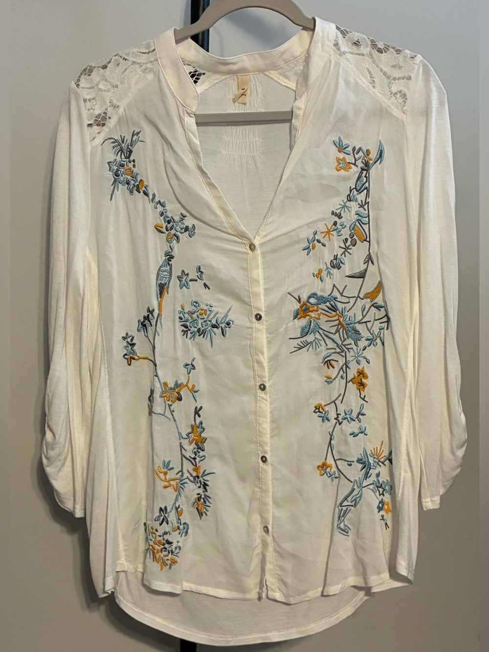 Anthropologie Tiny White Embroidered Boho Tunic Blue & Gold Floral Bird Large
